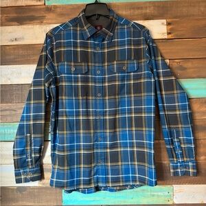 Swiss Tech Blue Plaid Flannel Shirt Long Sleeve Stretch Button Down | Size M
